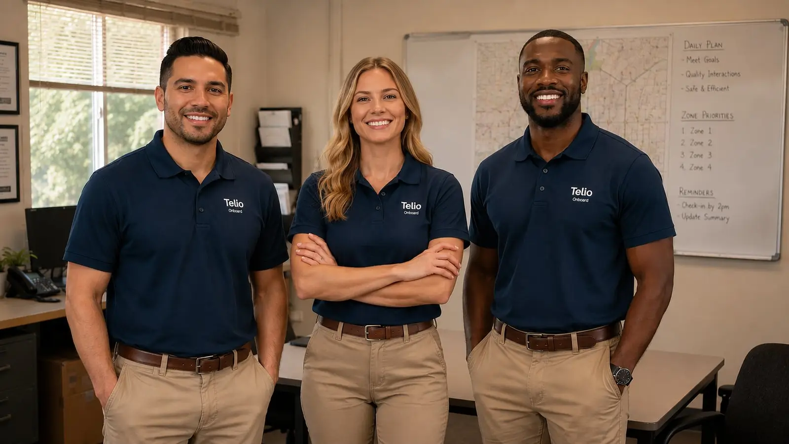 Three Telio Onboard field sales representatives standing together after training.