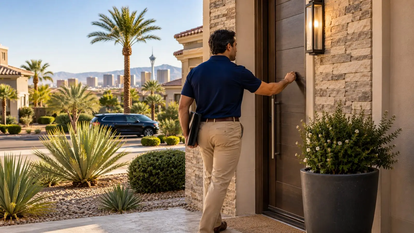 Telio Onboard field sales representative approaching a residential front door.