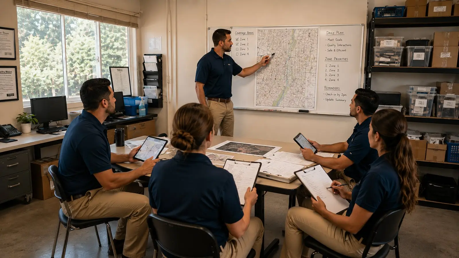 Telio Onboard supervisor training field sales representatives with a territory coverage map.