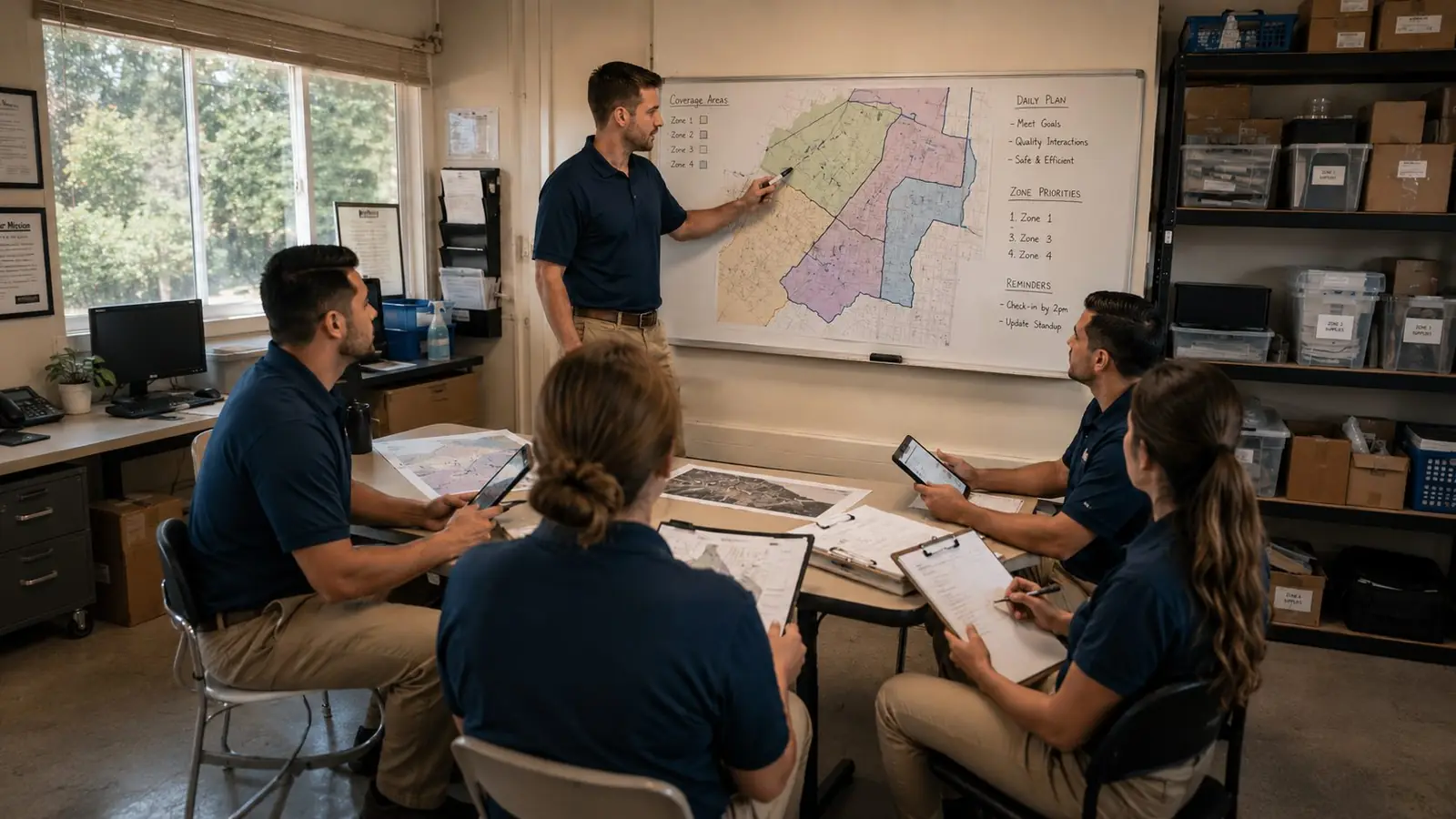 Telio Onboard supervisor briefing field representatives on assigned coverage zones.