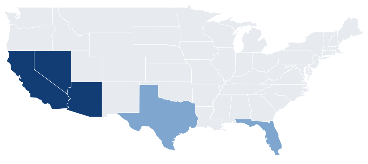 United States map with California, Nevada, and Arizona in dark blue for active markets, and Texas and Florida in light blue for markets opening next.